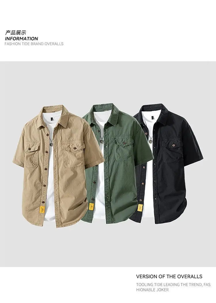 Workwear shirt for men summer loose and casual short-sleeved men American retro lapel coat trendy brand outdoor wear