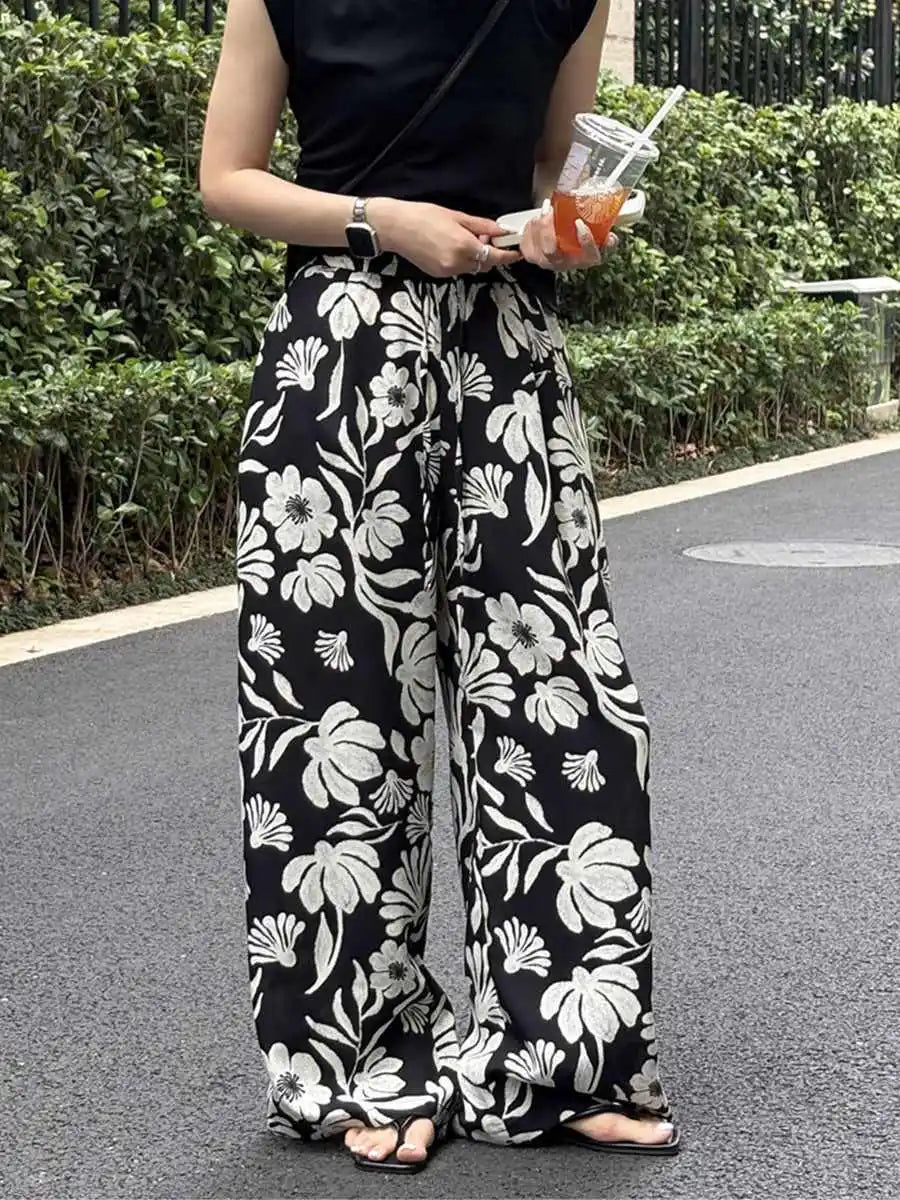 Wide-leg Pants for Women Summer Thin Printed New Style Drawstring Elastic Loose Straight Casual