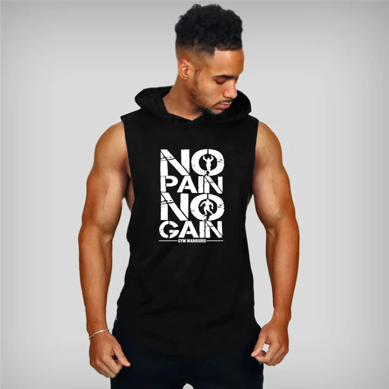 Men’s Fitness Workout Sportswear Tops Bodybuilding Hooded Tank Top Cotton Printed Sleeveless T-shirts Casual Hip Hop Undershirt