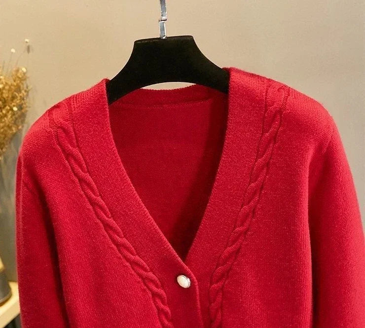Red Knit Button Cardigan Sweater