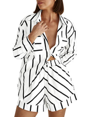 Striped Button Blouse Shorts Set