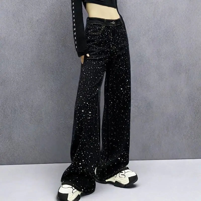 New Female Black Jeans Are Cool Studded With Diamonds. Casual Denim Trousers High-waisted, Straight-leg Wide-leg Pants Women's