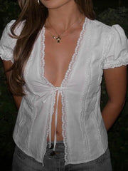 Tie-Front Lace V-Neck Top