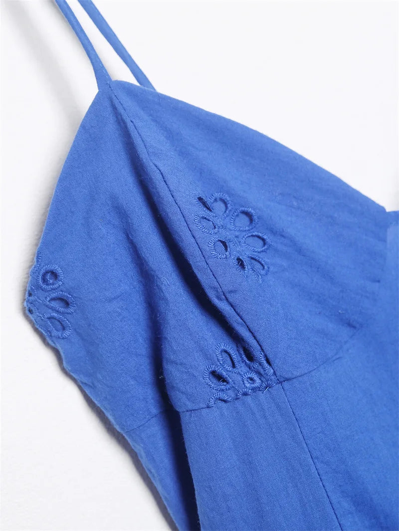 Women Fashion With Ruffled Cutwork Embroidery Mini Dress Vintage Backless Elastic Thin Straps Female Dresses Vestidos