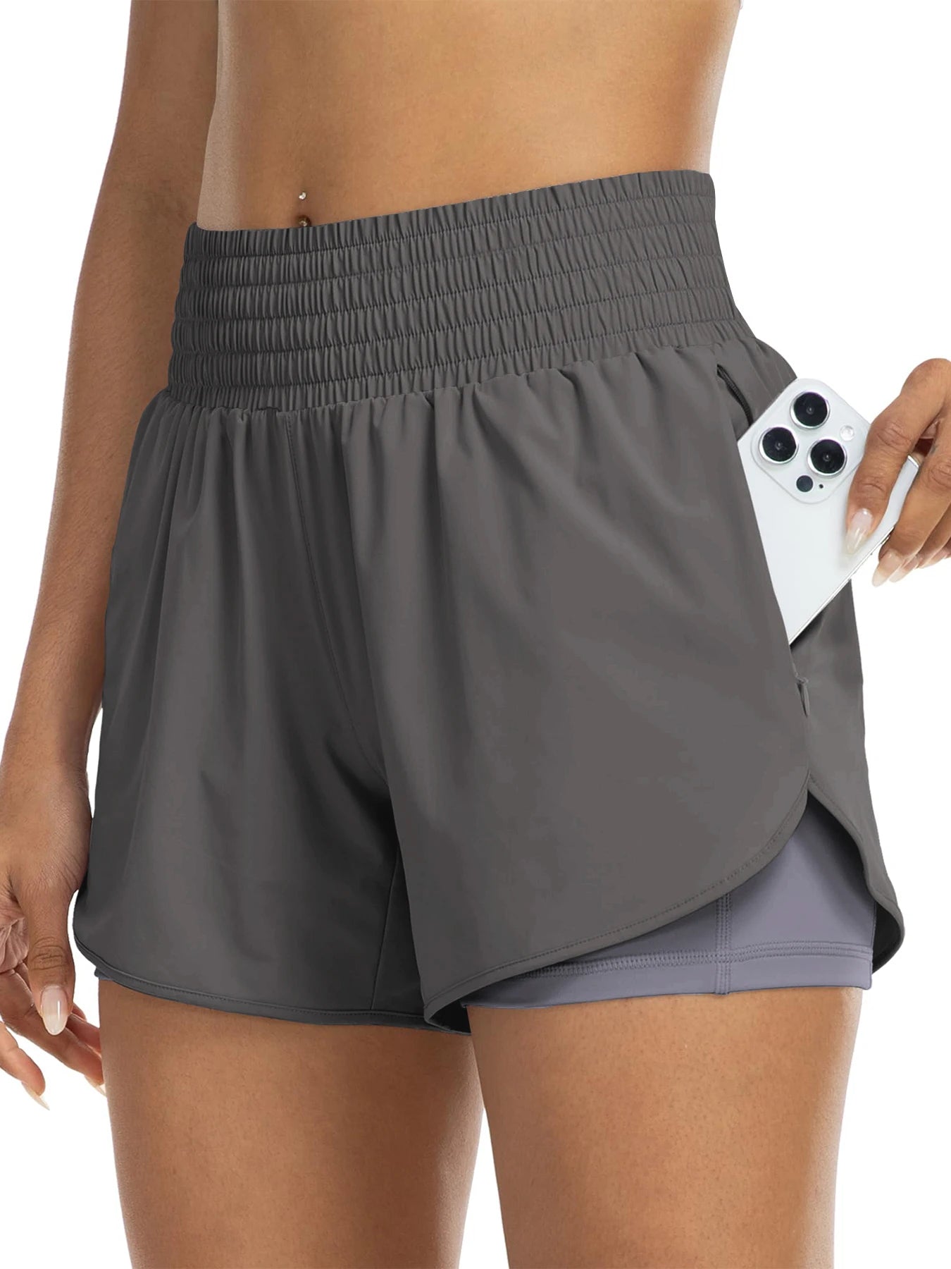 Women's high-waisted athletic shorts for running, yoga, layered design, anti-exposure, fitness, and workout with pockets