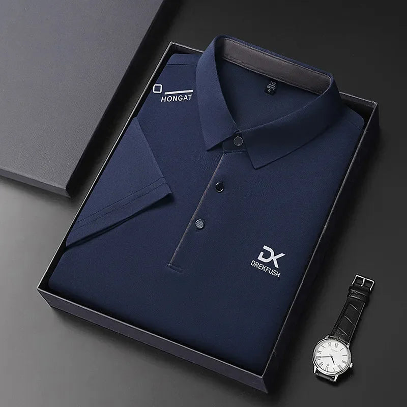 Men's Business Casual Short Sleeve Polo Shirt Solid Color with Badge Fashionable Breathable Comfortable Versatile Business Top