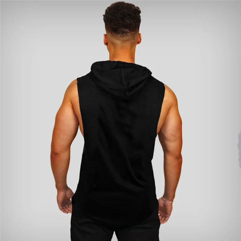 Men’s Fitness Workout Sportswear Tops Bodybuilding Hooded Tank Top Cotton Printed Sleeveless T-shirts Casual Hip Hop Undershirt