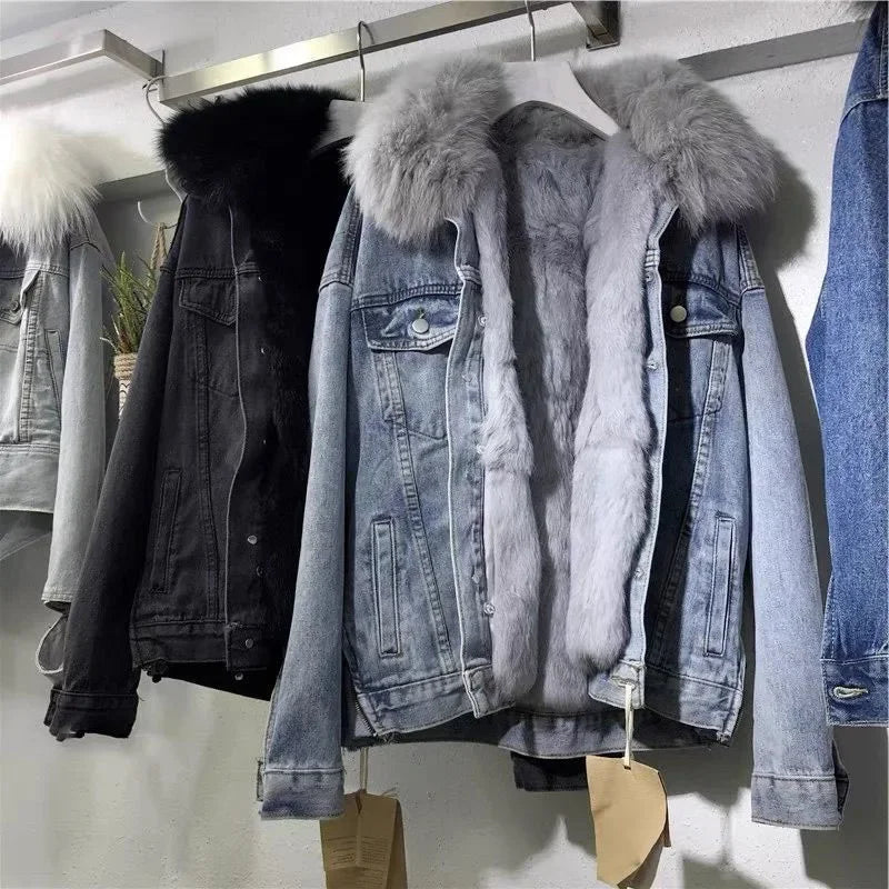 Winter Warm Coats Big Fur Collar Denim Jacket Women Basic Coat Female Cold Motorcycle Outerwear Fleece Thick Padded Overcoat