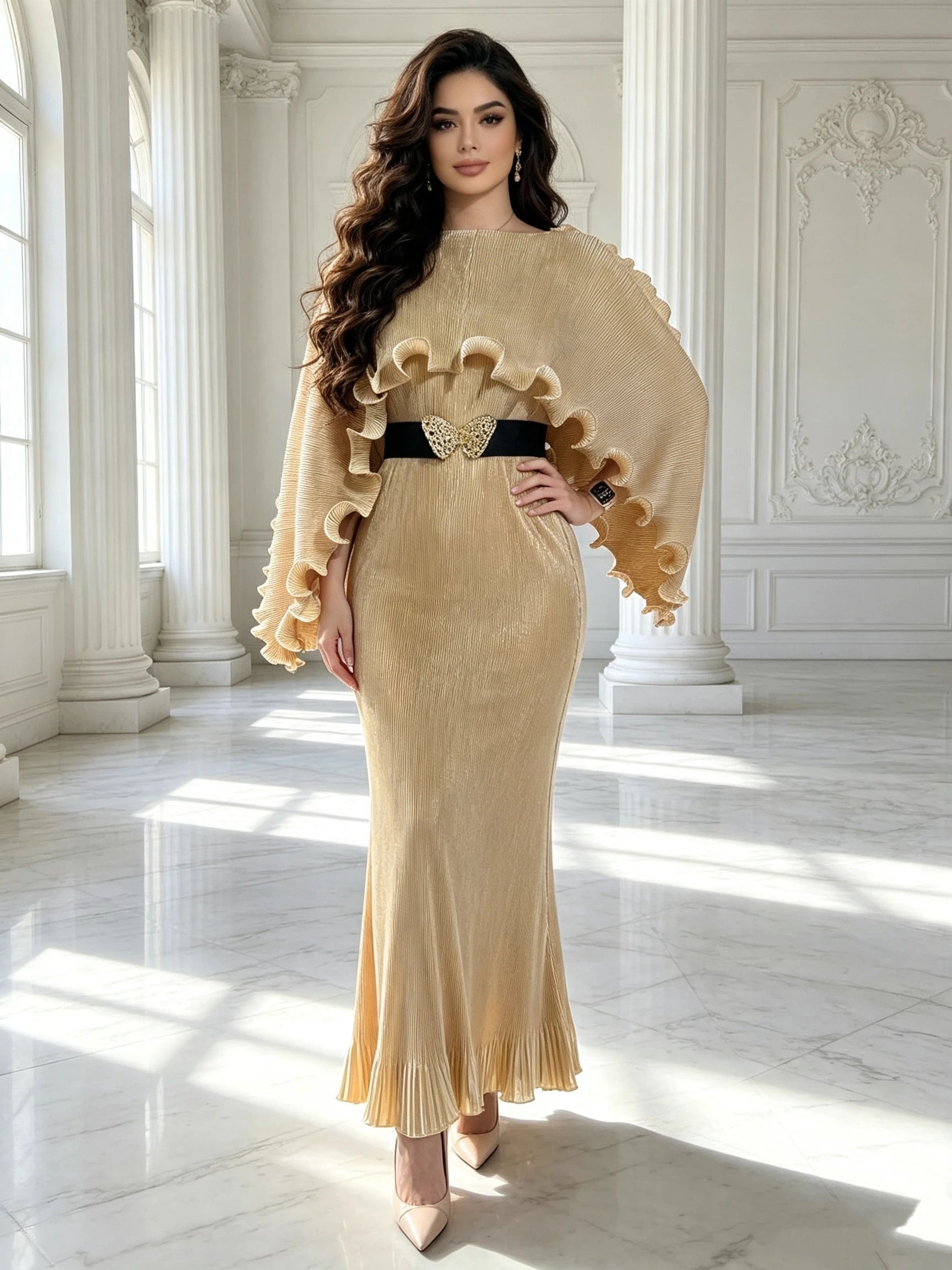 Elegant Pleated Long Dress with Butterfly Belt Women Cape Sleeve Wave Edge Ruffle Evening Party Dress