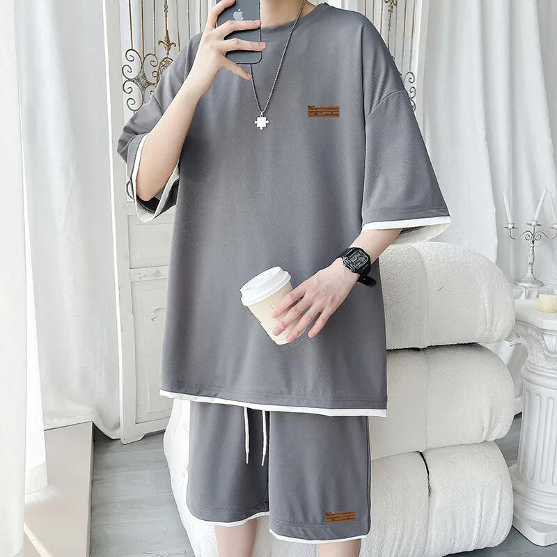 Men's Trendy 2-Piece Streetwear Co-ord Solid Color Short Sleeve T-Shirt And Drawstring Elastic Waist Shorts Set 5XL