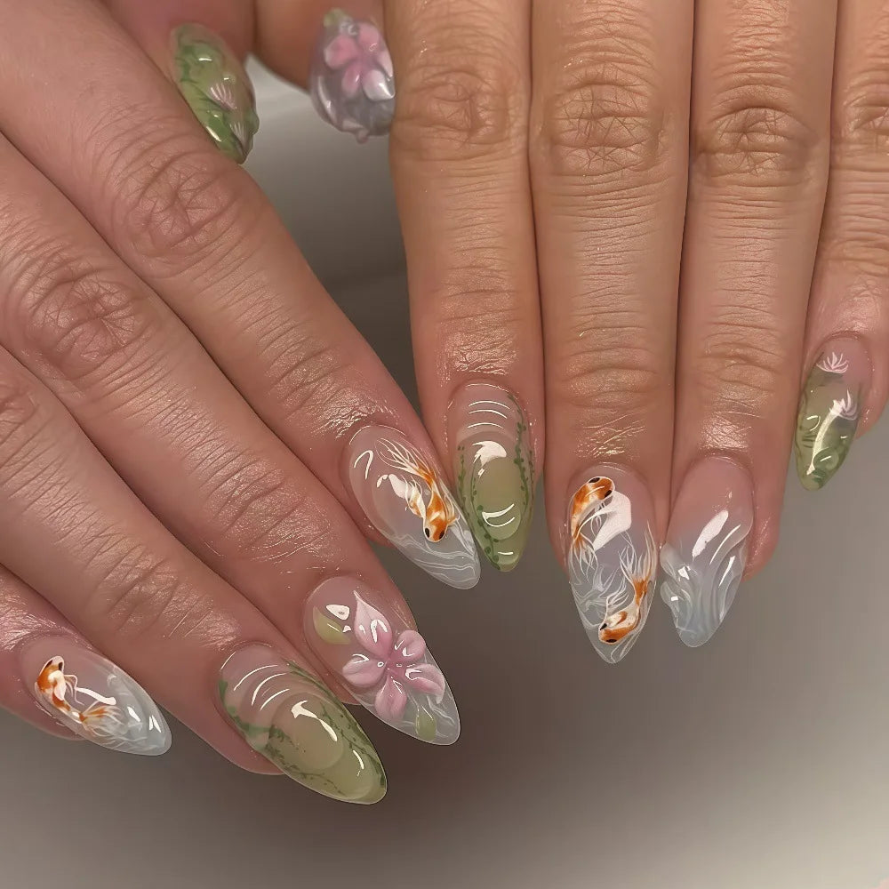 Medium fake nails for women Gradient nude brown blue flowers or rhinestones fall winter almond tips press on false nail art set