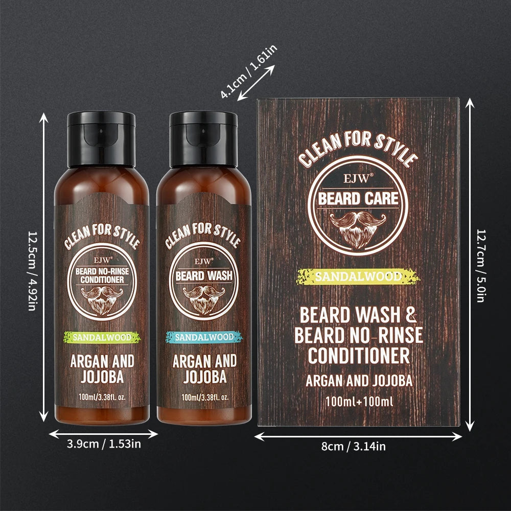 EJW Beard Care Set, Sandalwood Beard Shampoo and Beard no-rinse conditioner- Softens & Strengthens Beard, with Argan and Jojoba.