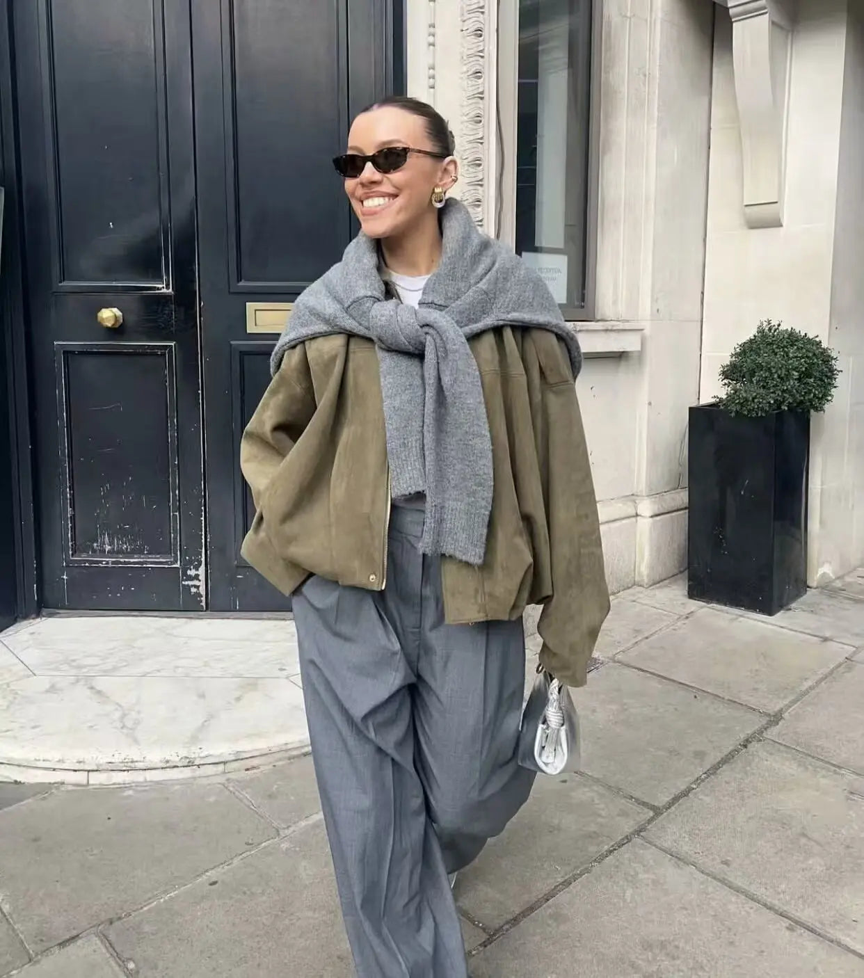 Women Bomber Jackets Suede Texture Coats Fashion Turn-down Collar Long Sleeve Loose Vintage Female Outerwear Chic Top Streetwear