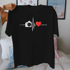Camera Heartbeat Love Graphic Cotton T-Shirt