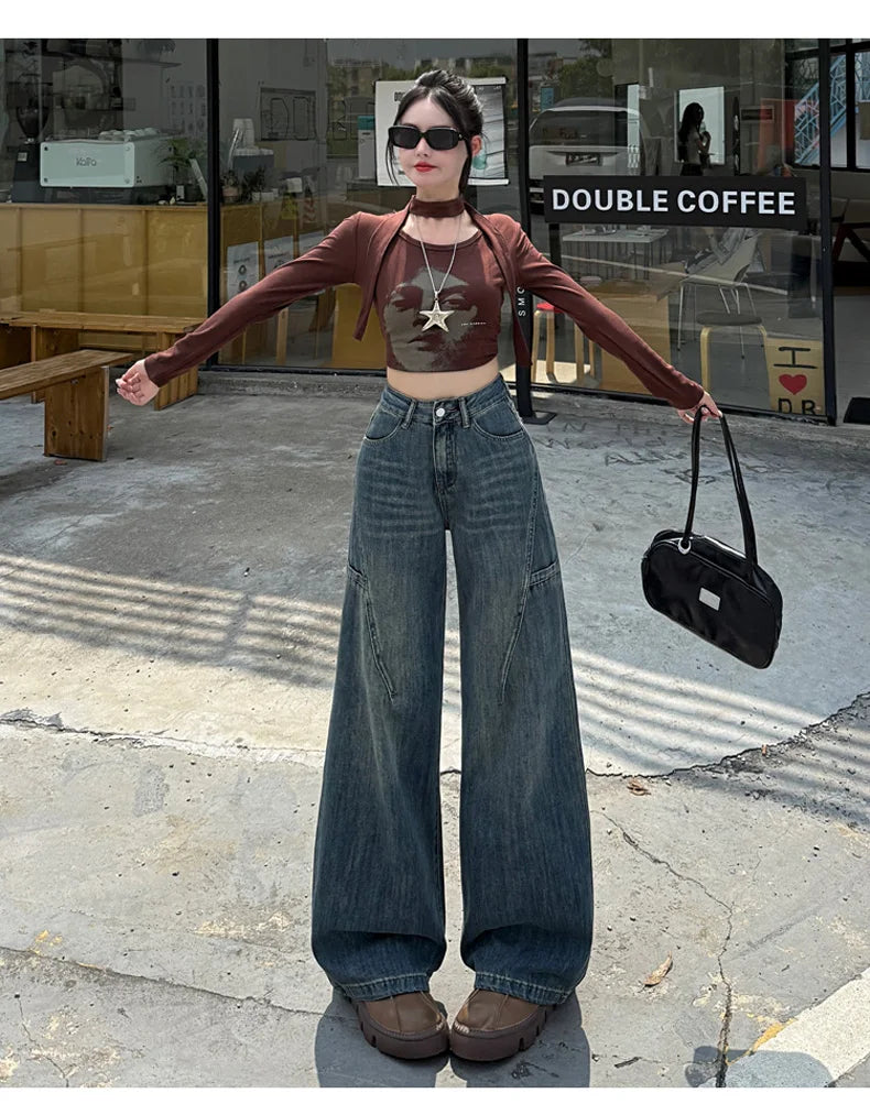 High Waisted Wide Leg Jeans Women Cotton Retro Denim Y2k Loose Fashion Design Sense Pant Streetwear Baggy Straight Trouser Woman