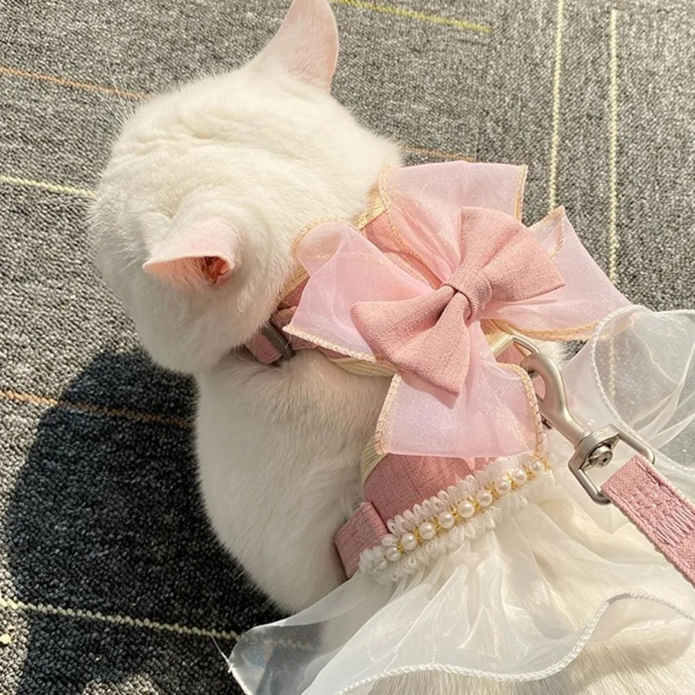 Pet Accessories Princess Style Cat Harness Leash Adjustable Nylon Cat Vest Breathable with Bowknot Pet Chest Strap For Cats Dogs