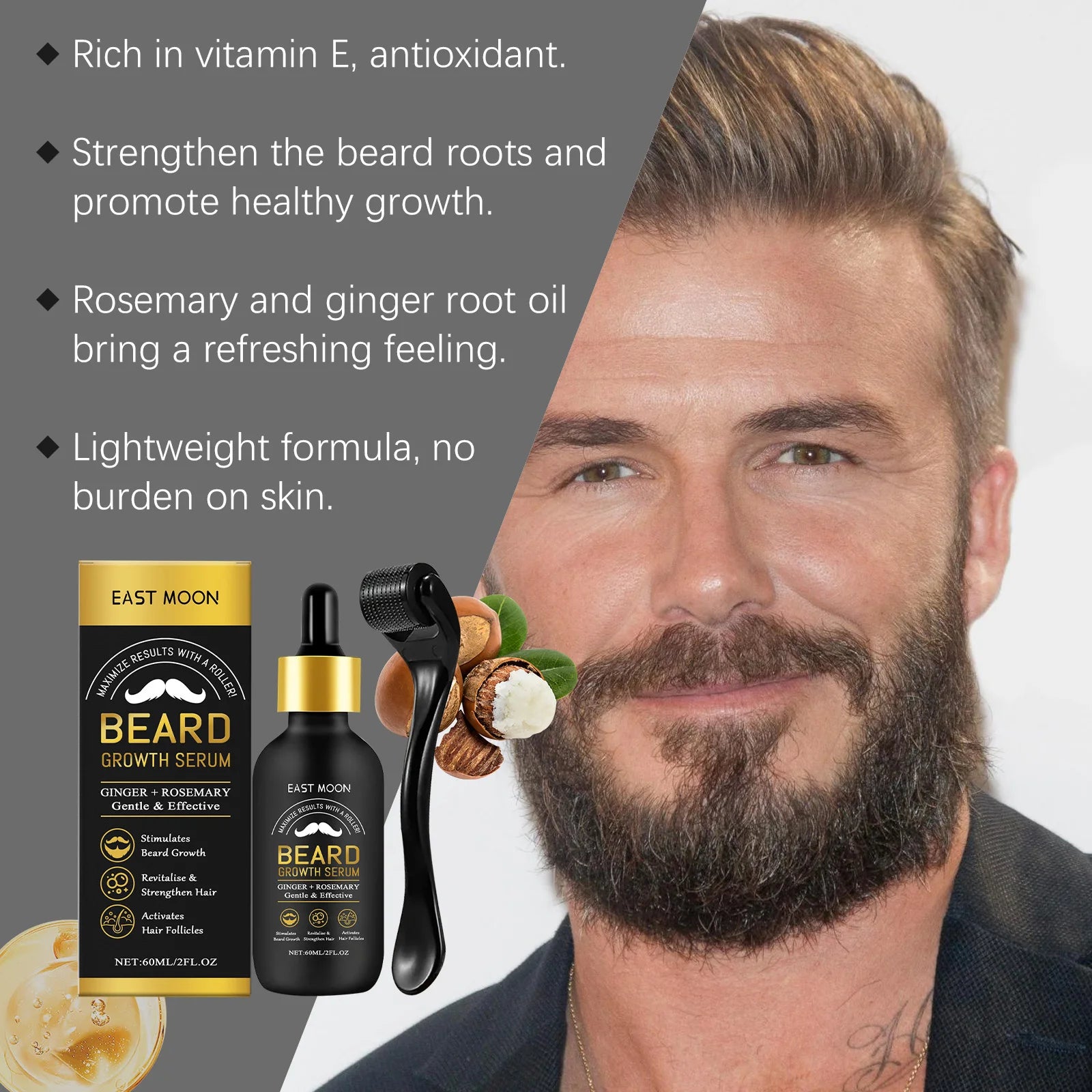 Beard Thickening Care Oil with Roller Ball 0.25mm Strengthen Hair Roots Nourishing Soften Beard Oil for Men Grooming Beard Care