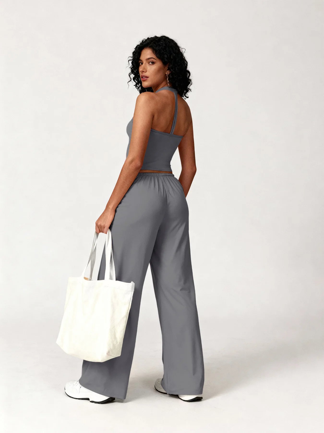 Women 2 Piece Yoga Outfit Ribbed Halter Crop Tank Top Drawstring Wide Leg Pants Set Casual Workout Gym Loungewear Tracksuit