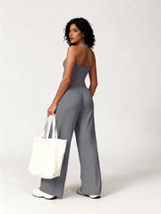 Women 2 Piece Yoga Outfit Ribbed Halter Crop Tank Top Drawstring Wide Leg Pants Set Casual Workout Gym Loungewear Tracksuit