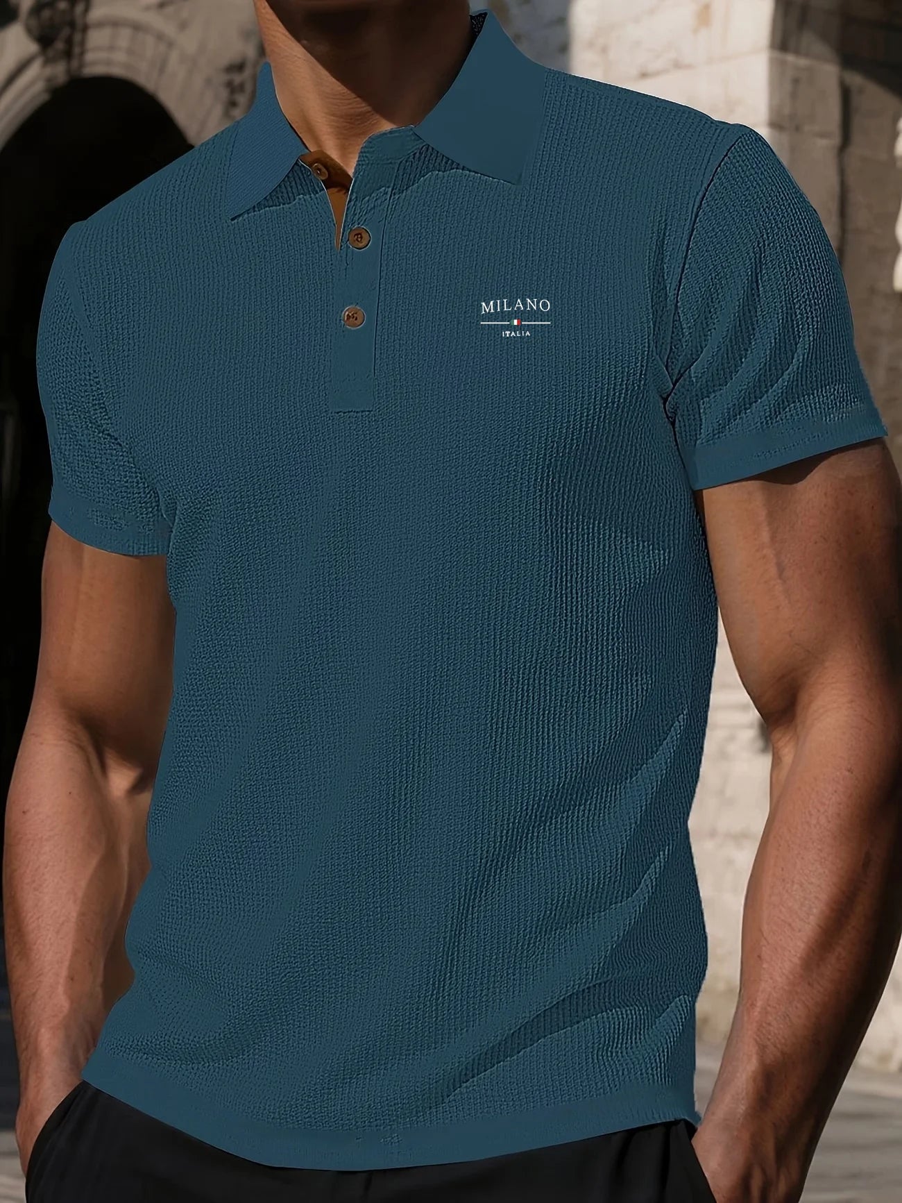 MILANO ITALIA Men's Textured Polo Shirt with Contrast Placket and Buttons
