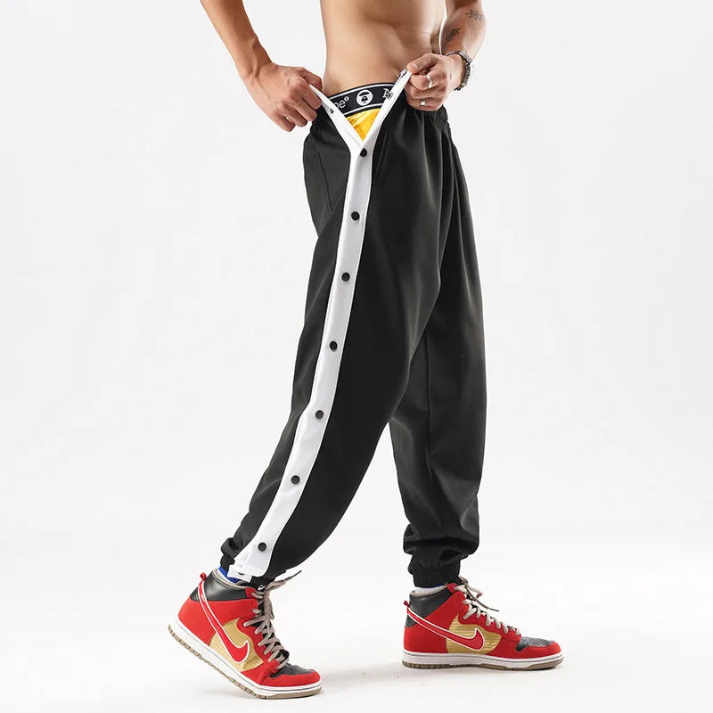 Men Jogger Pants Contrast Color Sides Buttons Stretch Workout Long Trousers Casual Sports Sweatpants Streetwear