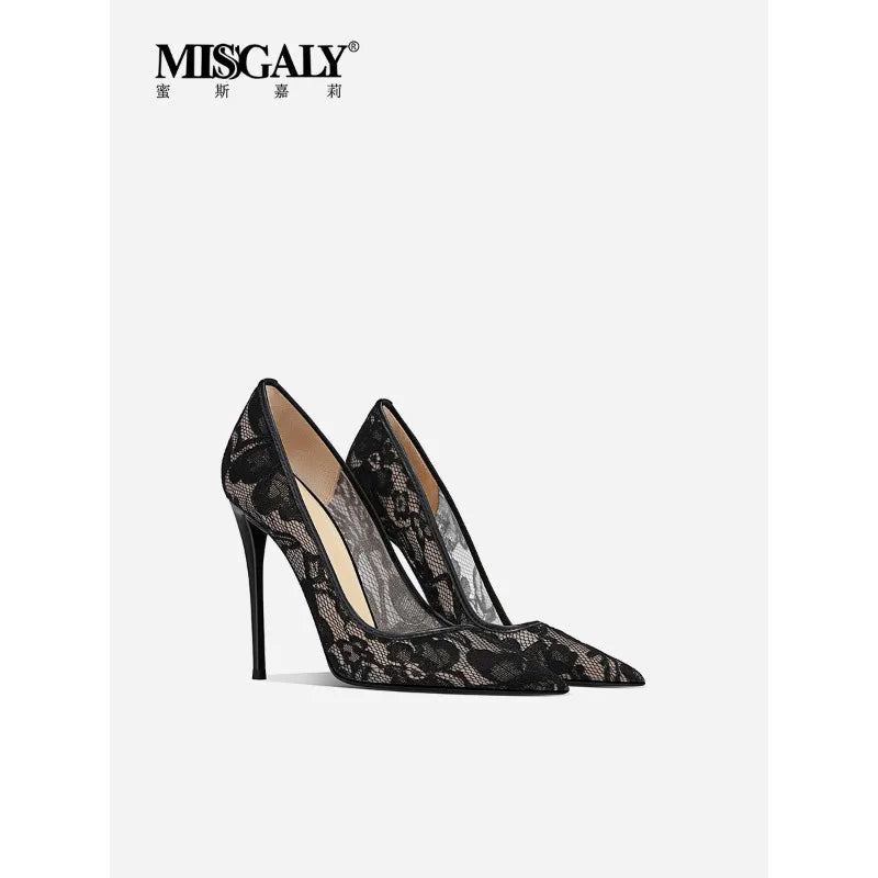 Black Lace High Heels for Women, 2026 New Slim Heel Pointed Sexy Versatile French Spring and Summer Breathable Single Shoes