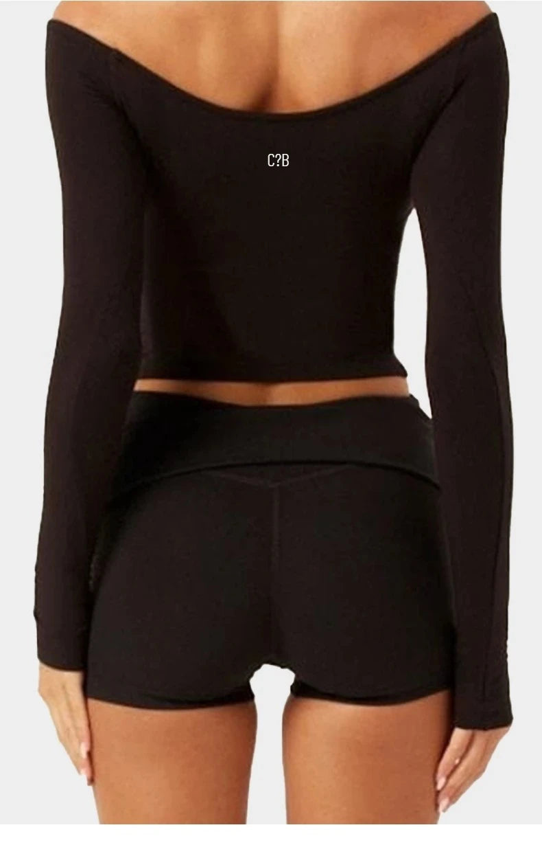 C-B Women's Yoga Set: Long-sleeved V-neck T-shirt & High-waisted Cuffed Shorts & Leggings, Suitable for Gym Workouts.
