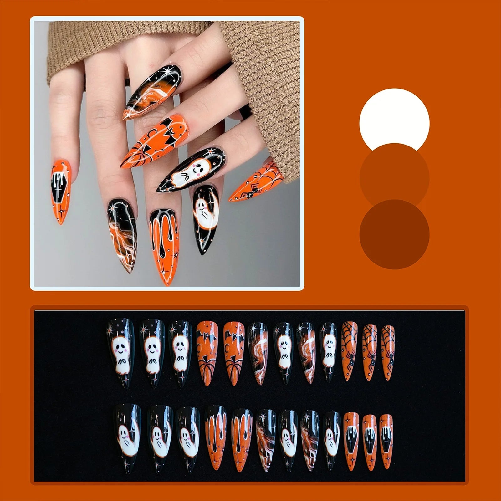 24pcs Thriller Style False Nails With Halloween Ant Bugs Pattern Wearable Press On Nails Ballet Black Punk Nail Art Decoration