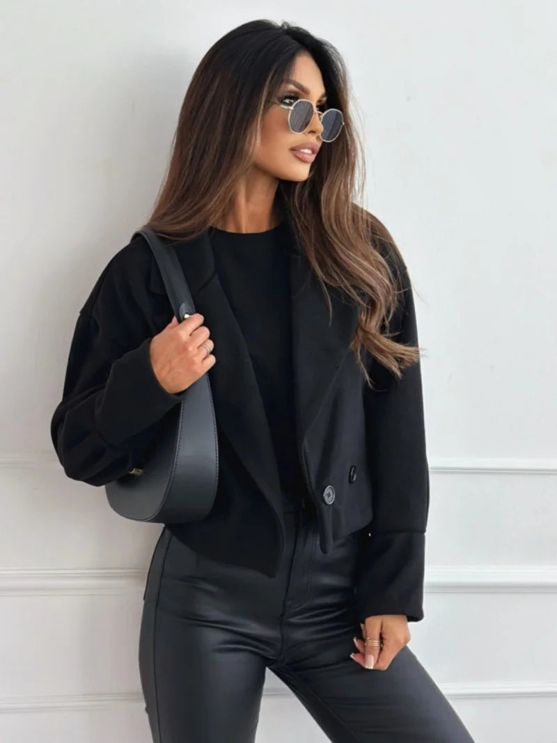 Women's Double Breasted Short Wool Coat Casual Lapel Collar Cropped Jacket For Autumn Winter Daily Wear