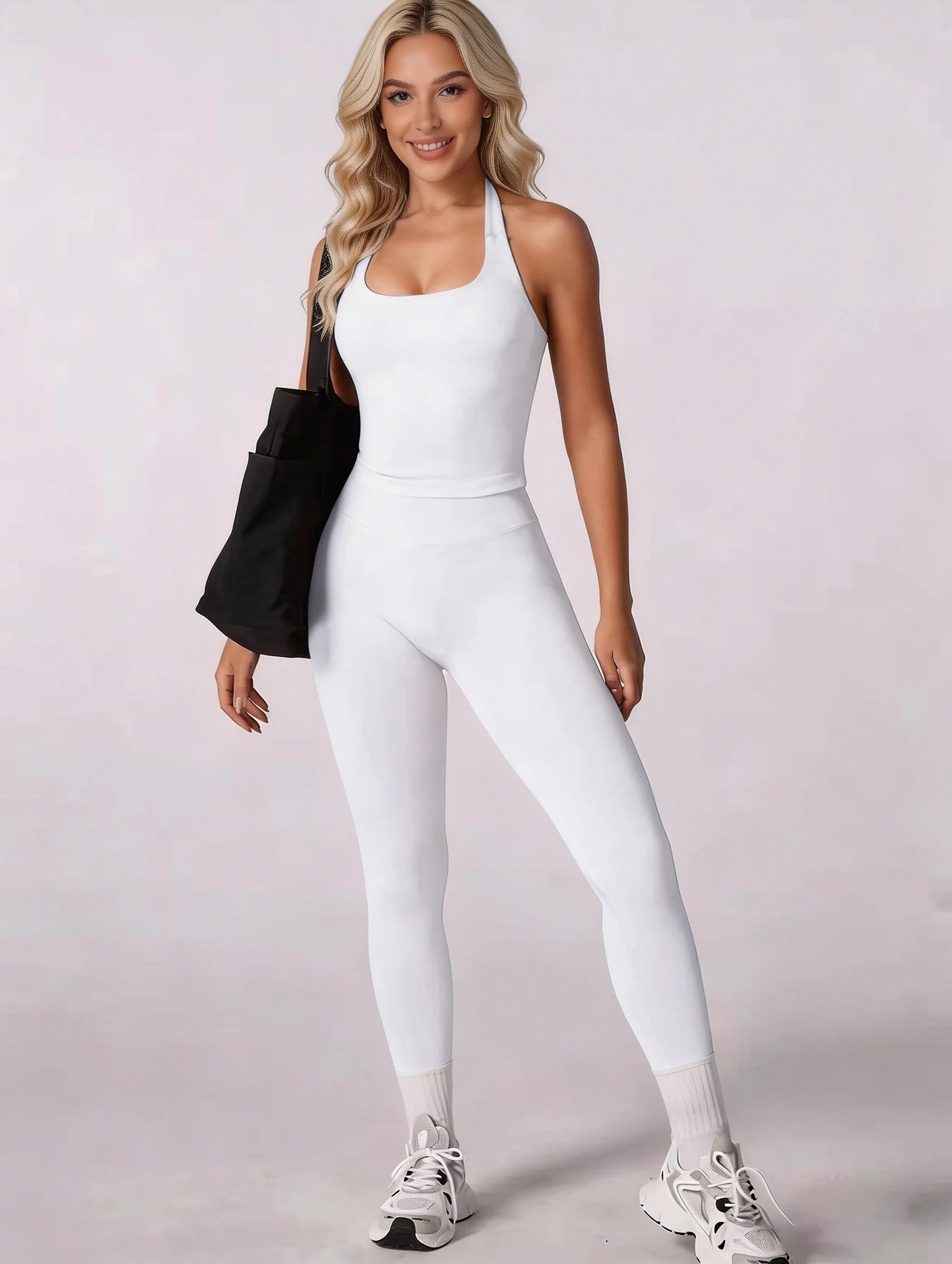 Women 2Pcs Yoga Set Halter Neck Sports Tank Top High Waist Leggings Fitness Outfit Gym Workout Activewear Tracksuit