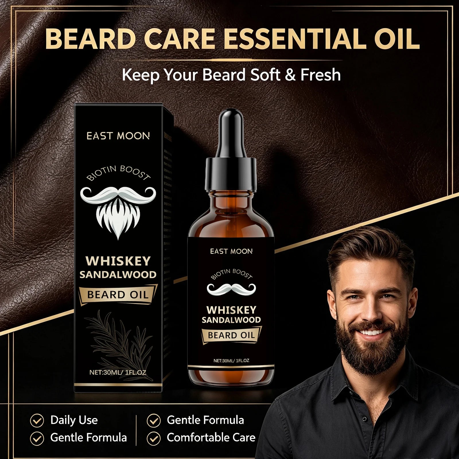 Men Biotin Beard Oil Soften Rough Beard Whiskey Sandalwood Beard Care Oil Hydrate Soothe Under-Beard Skin Men Facial Hair Serum