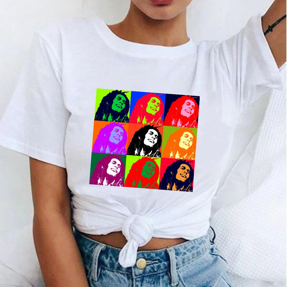 Women's Fashion T-Shirts Bob Marley Printed Casual Round Neck Graphic Tee Cute Short Sleeve T-shirts Summer Tops Harajuku Shirt