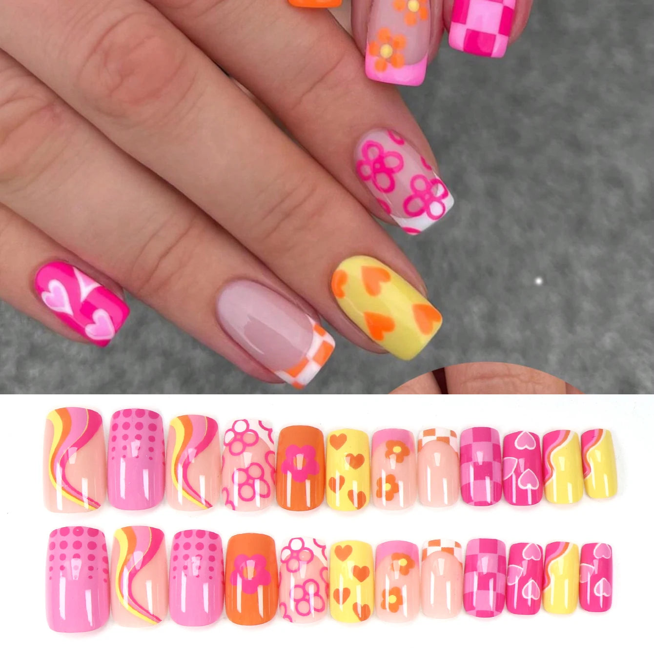 24PCS Short False Nails With Rose Leaf Design Pressed On The Nails, Glossy Glue, Black Full Coverage Acrylic False Nails