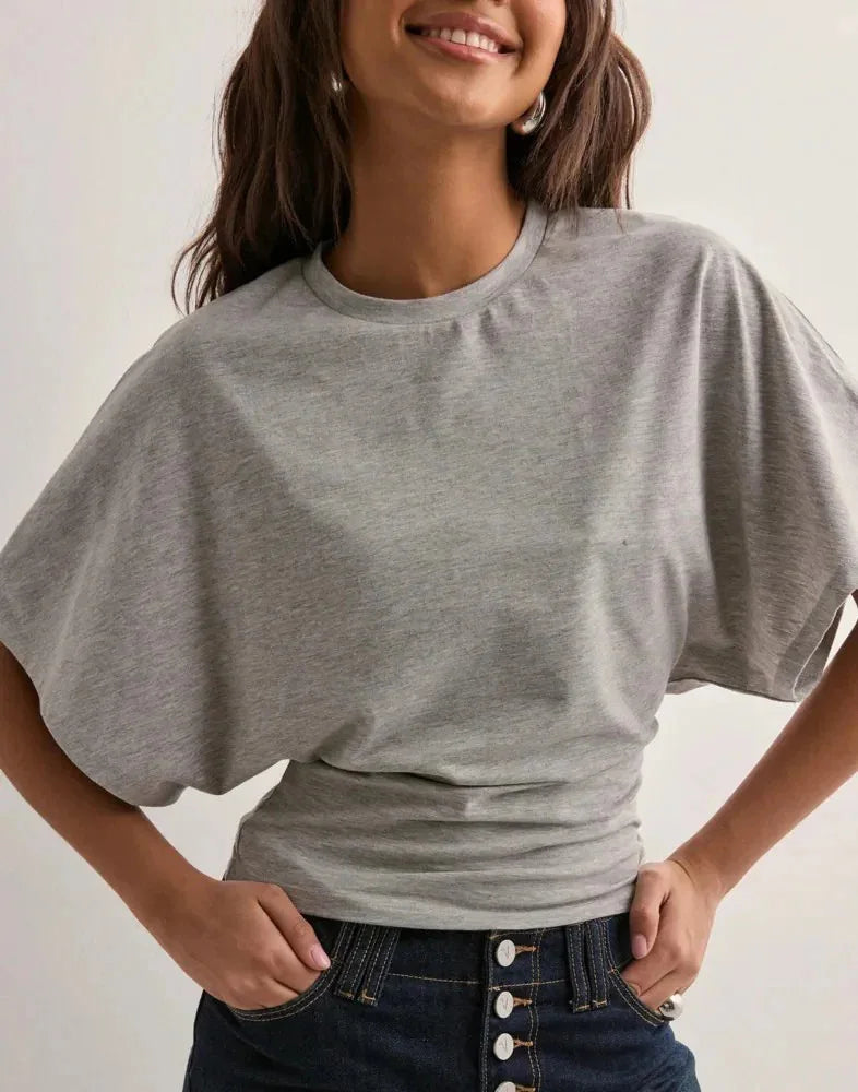 Women's T-shirts Crew Neck Ruched Waist Slim Fit Solid Color Casual Cropped Tee Summer Streetwear Basic Daily Wear Top