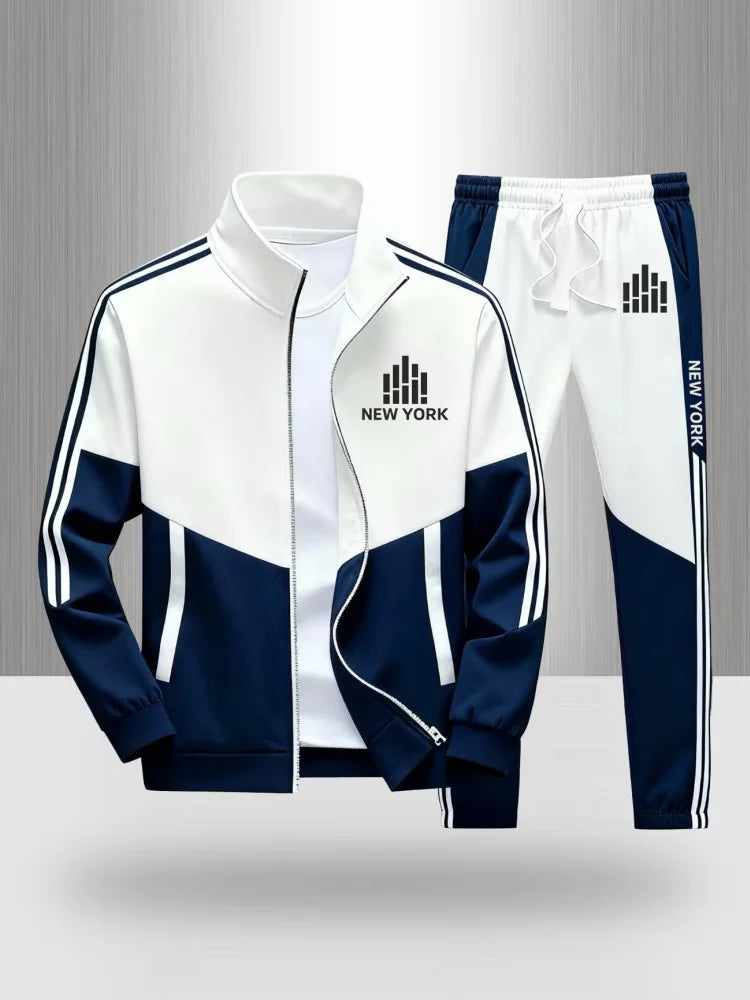 Tracksuit Men's New York Print 2 Piece Set Sportswear Color Block Zip Up Jacket and Jogger Pants Casual Striped Athletic Outfit