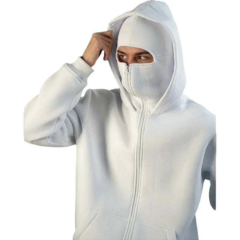 Men's face mask hoodie, windproof fleece-lined top, casual hoodie