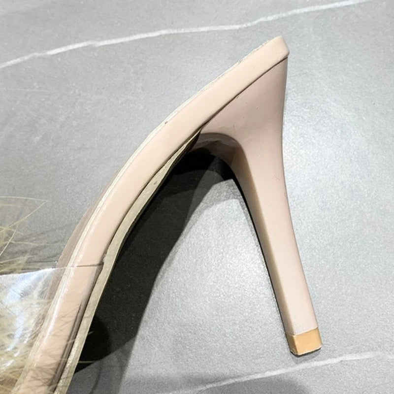 Summer New High Heels Sexy Slippers with Fine Heel Design and Hairy Decoration Cool Slippers with Daily Pointed Points Luxury