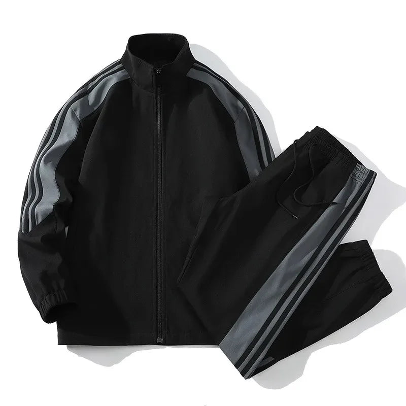 Men Fashion Tracksuit 2‑Piece Set, Stand Collar Zip‑Up Jacket & Drawstring Pants, Striped Casual Sports Outfit For Autumn Winter