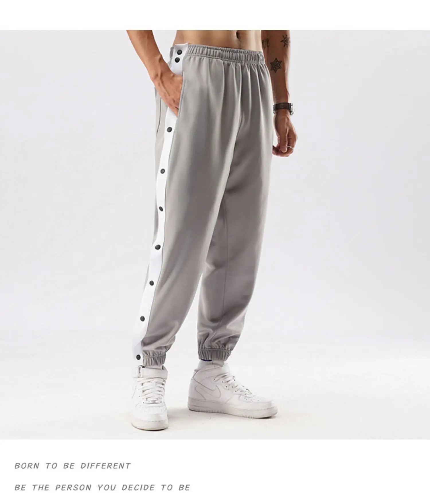 Men Jogger Pants Contrast Color Sides Buttons Stretch Workout Long Trousers Casual Sports Sweatpants Streetwear