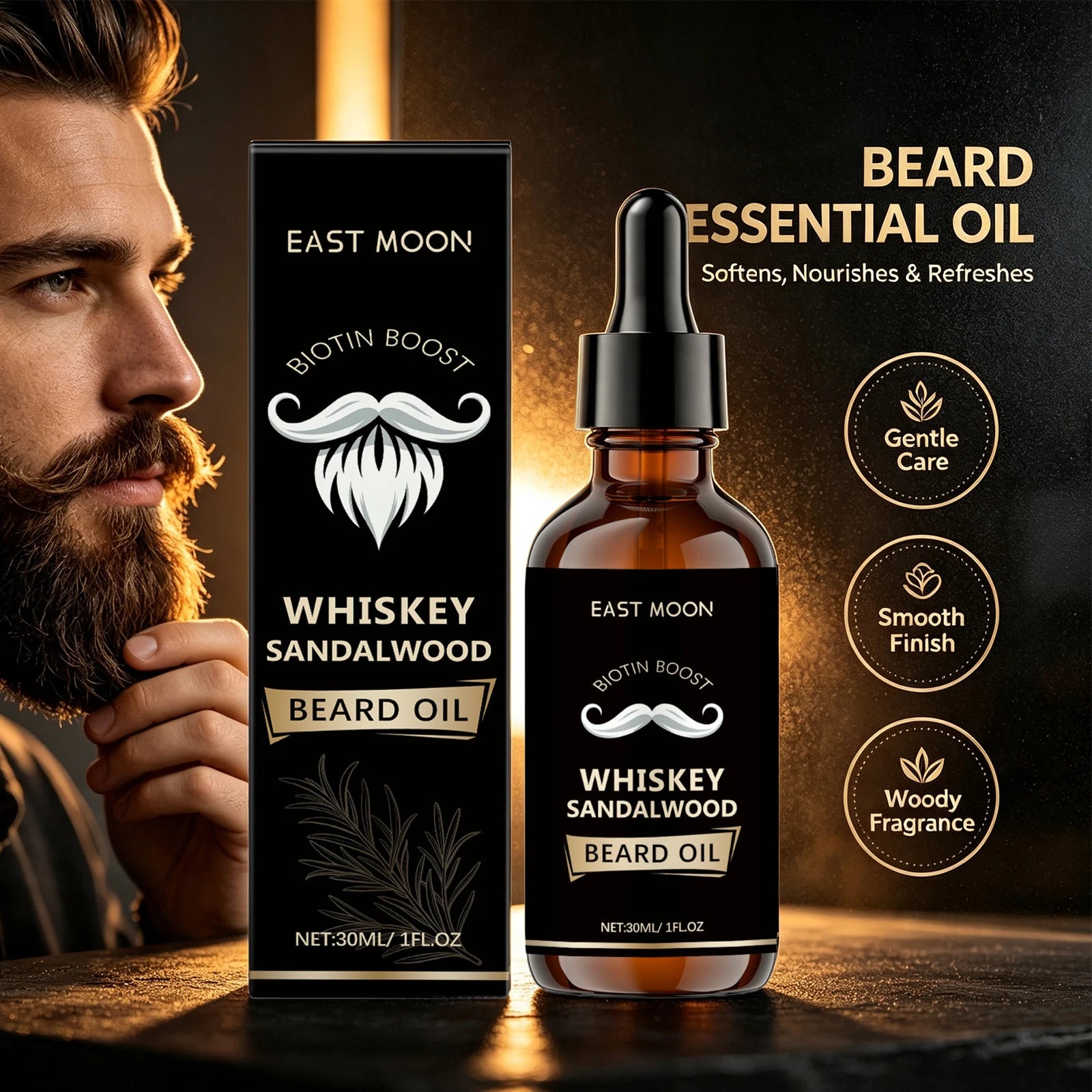 Men Biotin Beard Oil Soften Rough Beard Whiskey Sandalwood Beard Care Oil Hydrate Soothe Under-Beard Skin Men Facial Hair Serum