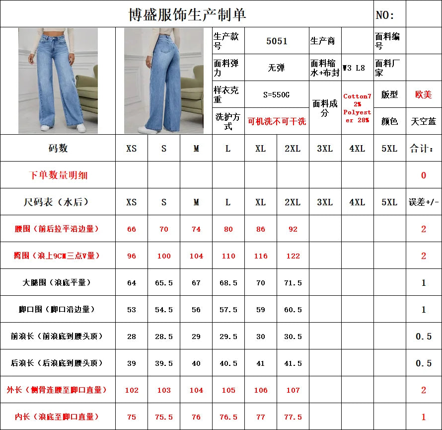 Spring and Autumn New Sky Blue Jeans for Women, Water Washed, Loose, Casual, Wide Legs, Comfortable, Vintage Pants