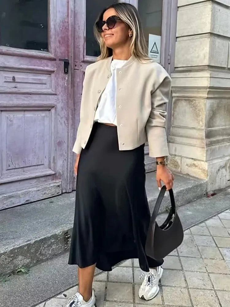 Elegant Satin Office Midi Skirt