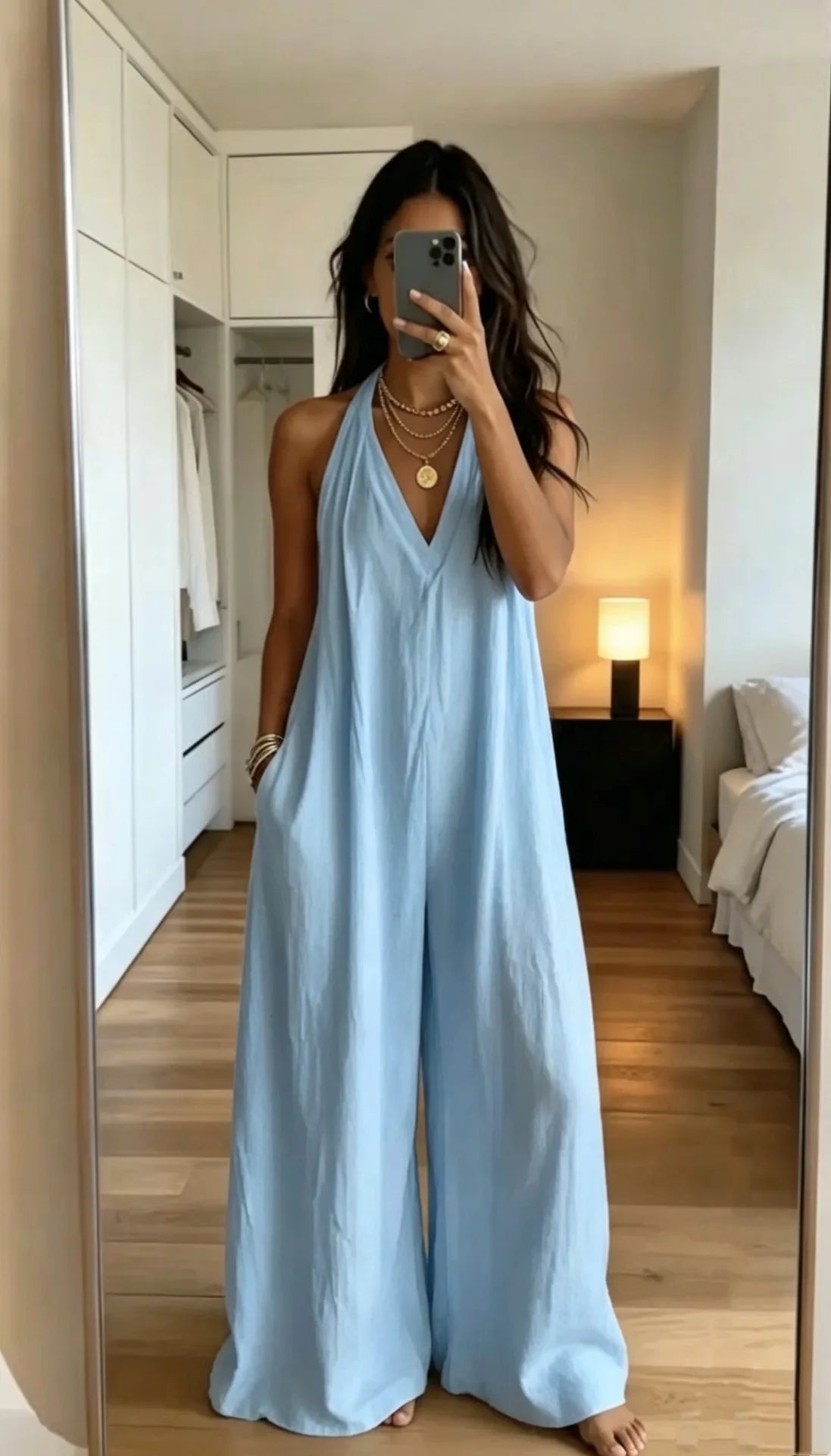 Women's White Halter Jumpsuit Deep V Neck Sleeveless Wide Leg Cuffed Hem Pocketed Boho Resort Casual Summer Y2K Chic Jumpsuit