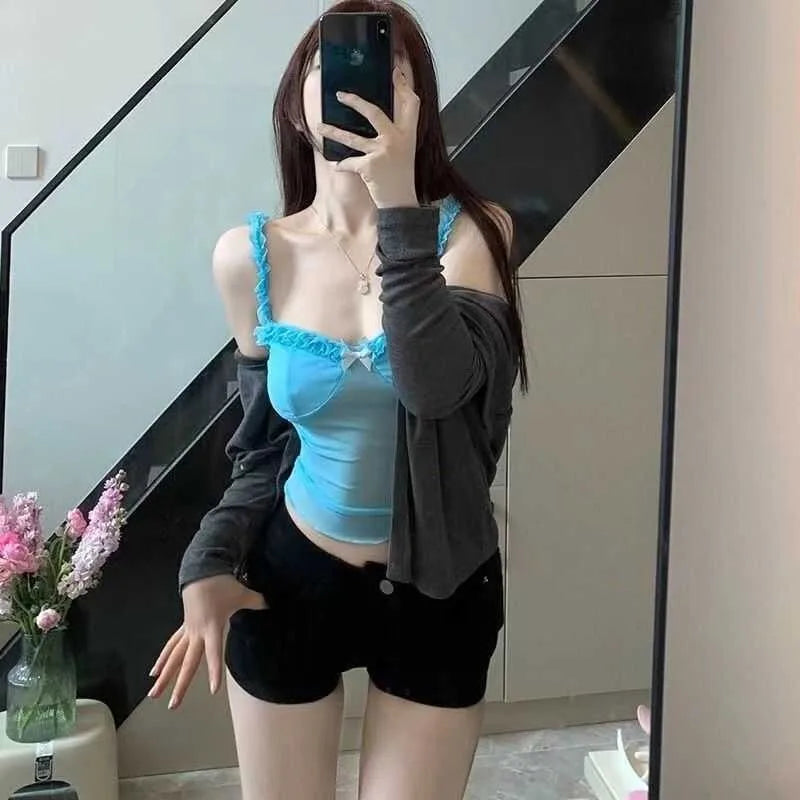 Black shorts for women in summer, with a full crotch and low waist to show off weight and long legs. Wearing them externally, in