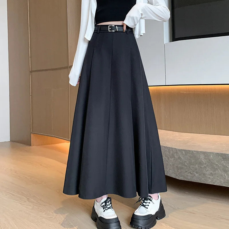 Elegant Skirts for Women Korean Style Long Skirt Female Black Pleated Midi Skirt Women's Clothing Office Lady Skirts Outfits New