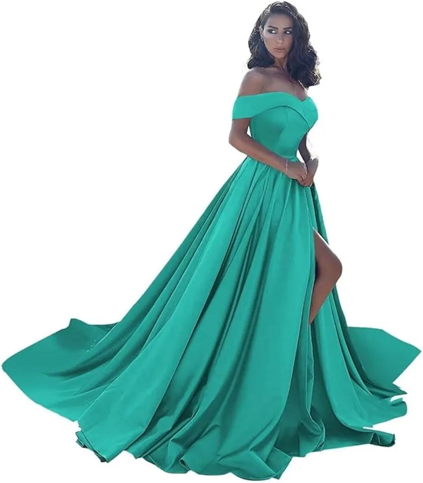 Simple Off Shoulder Satin Evening Gown