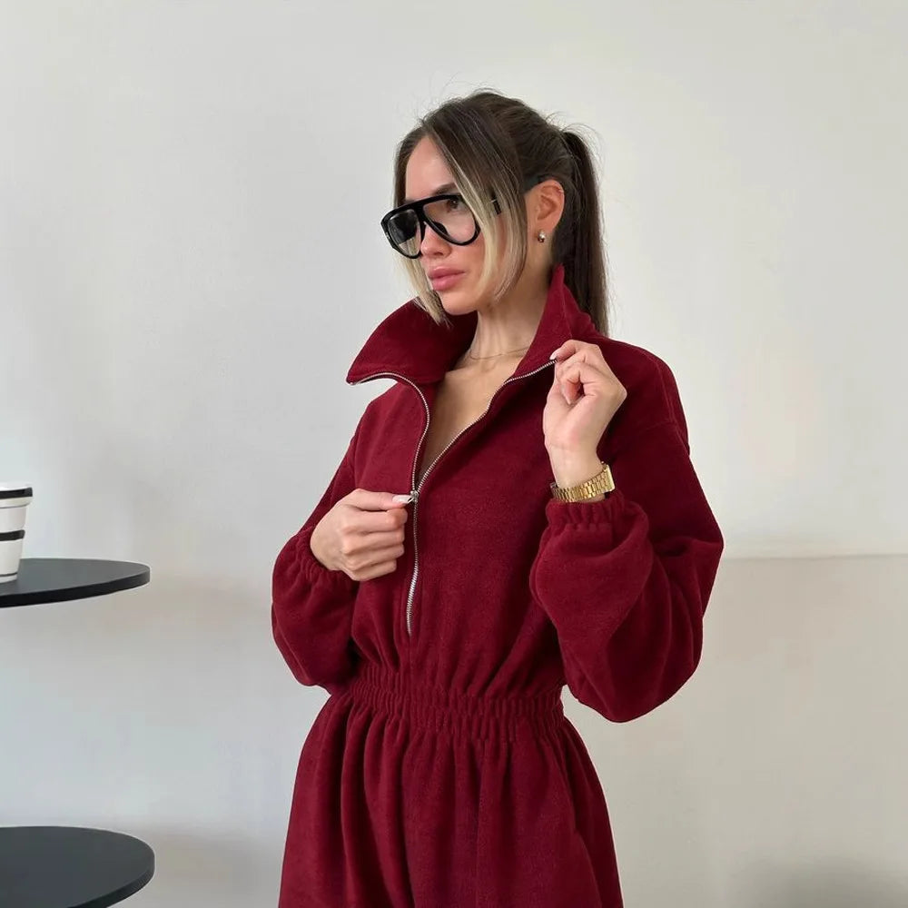 Jumpsuit Women 2026 New Fashionable Long Sleeved Jumpsuit for Women's Casual Half Open Collar Elastic Waist Jumpsuit