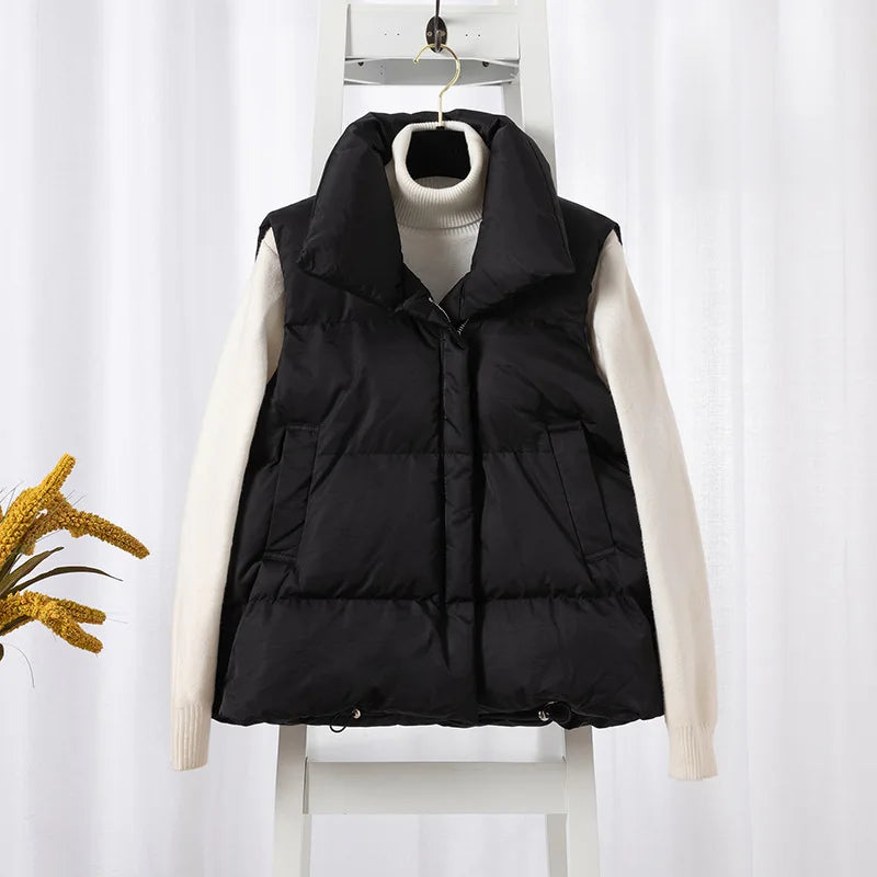 Women Fashion Autumn New 2026Stand Collar Elegant Down Coats Warm Outerwear Casual Belt Sleeveless Winter Women Vests Jackets