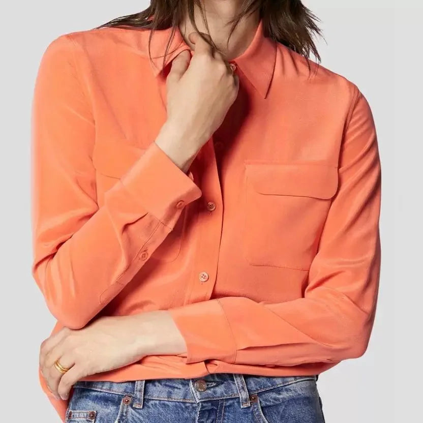 Women Real Silk Shirts Classic Double Pockets Solid Color Casual Fashion Long Sleeve Thin Shirt Blouses Tees