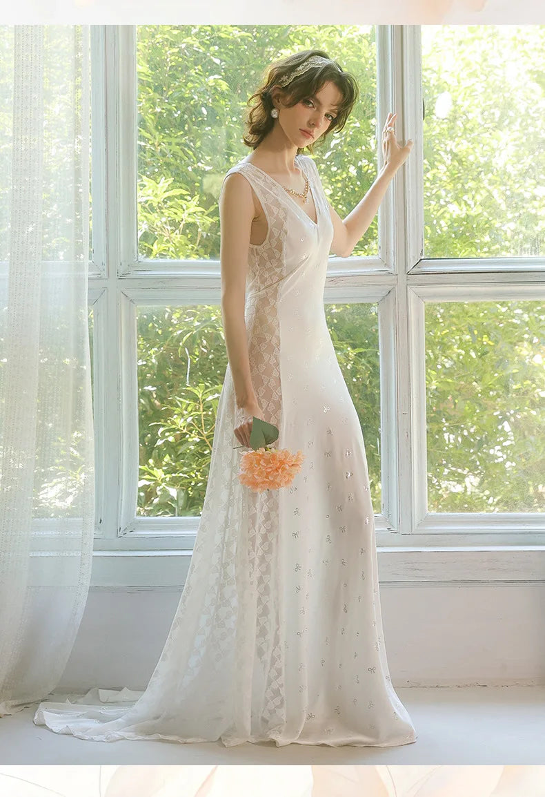 Women's Nightgown Luxury V Neck Sleeveless Night Dress Fashion Slim White Princess Long Dress Summer Ladies Sleepwear Vestido